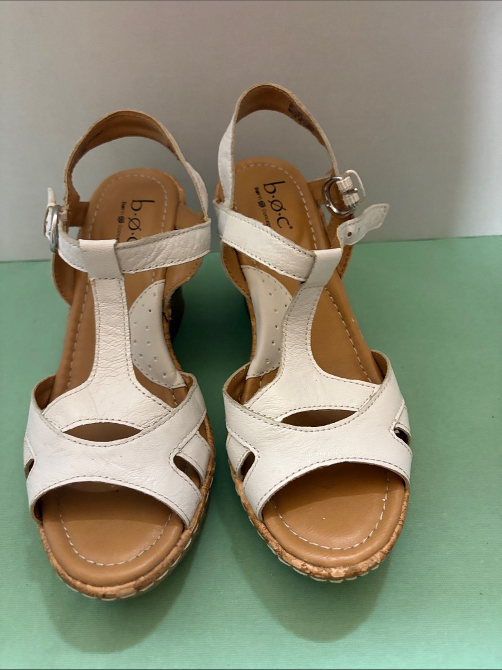 b.o.c. White Leather T-Strap Espadrille Wedge Sandals